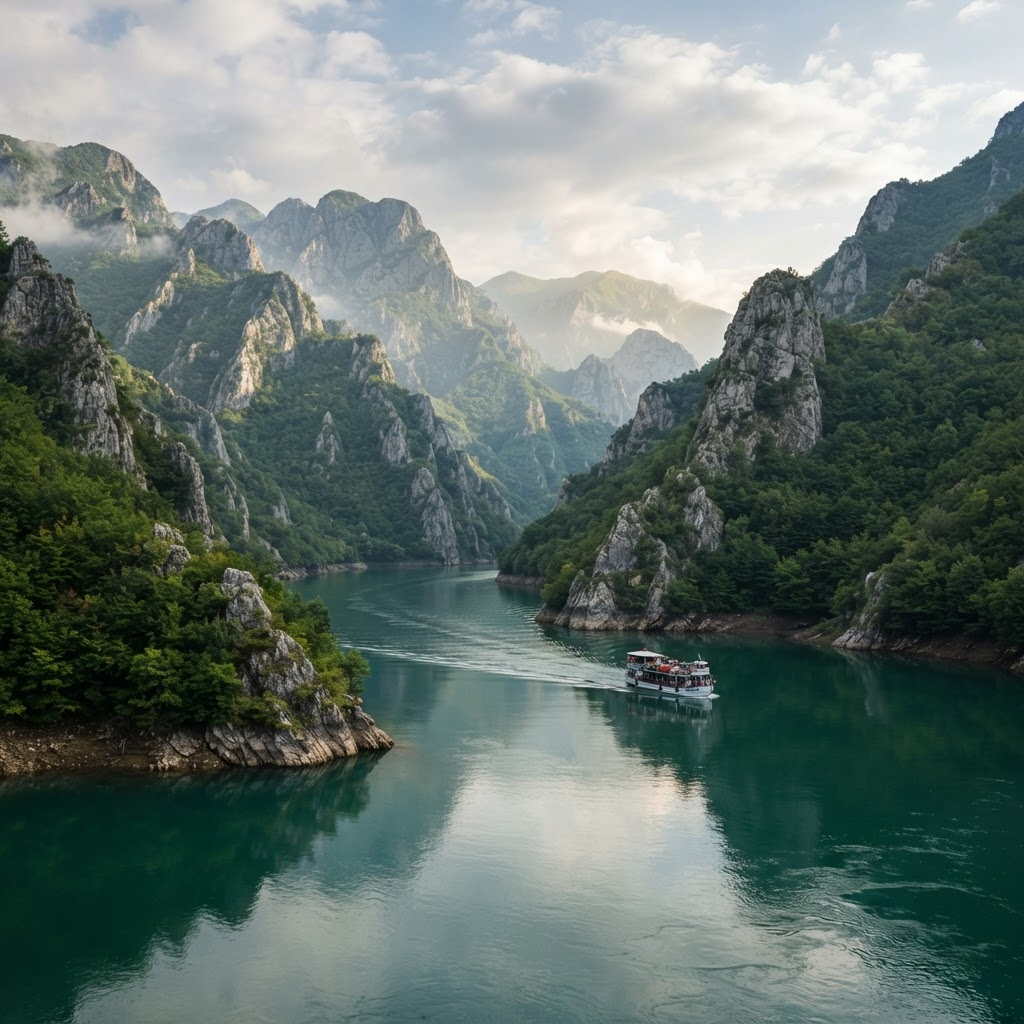 Emerald Komani Lake between steep mountains